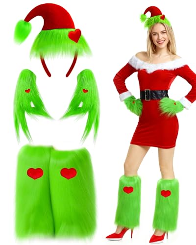 Hiwtonk 3PCS Christmas Big Monster Santa Costume, Green Monster Fuzzy Faux Leg Warmers Furry Hand Gloves Furry Headband for Adult Halloween Christmas Cosplay Costume Party