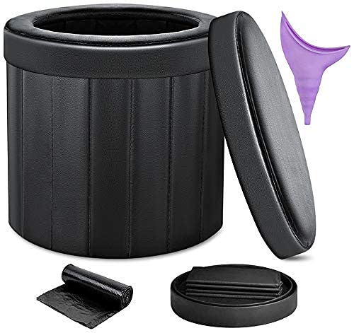 Portable Toilet Camping Gear Toilet,Portable Folding Toilet Travel Toilet Car Toilet Bucket Toilet Portable Potty for Camping/Boat/Hiking/Long Trips/Beachâ€¦ (Leather Black)