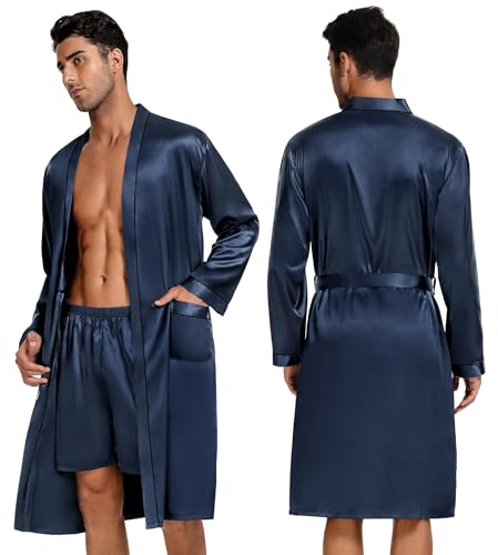 Image of SWOMOG Mens 3 PCS Satin Robe with Pants & Shorts Set Kimono Bathrobe Long Sleeve Sleepwear Pjs Sets with Pockets