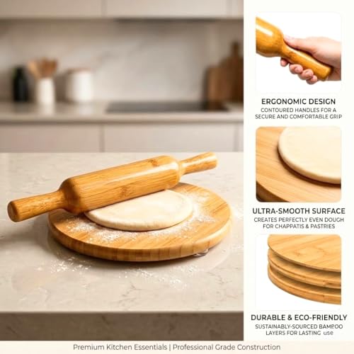 Image of Wooden Chakla Belan Set | Wooden Rolling Pin and Board Set | (9 inch chakla, 12 inch belan)