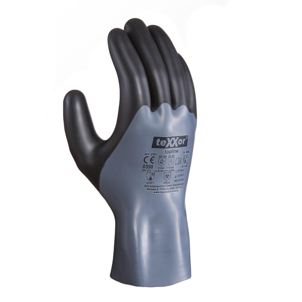 texxor 120 Stück Chemikalienschutz-Handschuhe 2361, Nitril, grau-schwarz, 8/M, Karton, Chemikalienhandschuhe, Nitrilhandschuhe, Schutzhandschuhe
