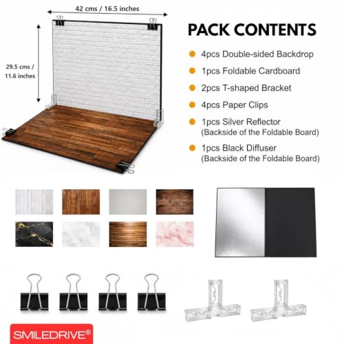 Image of SMILEDRIVE Backdrop with Stand Kit | Professional Tabletop Photography Set | 8 Styles (4 double-sided Water Resistant Paper sheets) | Silver Reflector & Black Diffuser Included