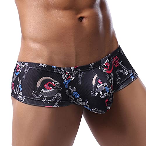 Sexy Printed Short Legs Boxer Briefs for Men, Low Rise Big Pouch Underwear, Mesh Breathable Undies Trunks