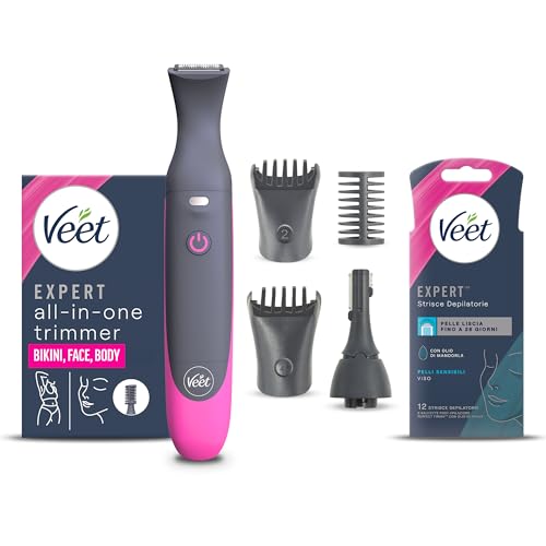Veet Expert All-In-One Trimmer, Rasoio elettrico donna, Viso e parti intime, 100% waterproof, 2 testine e 3 pettini, Rasatura ad alta precisione, Cordless + Strisce Depilatorie viso Pelli Sensibili