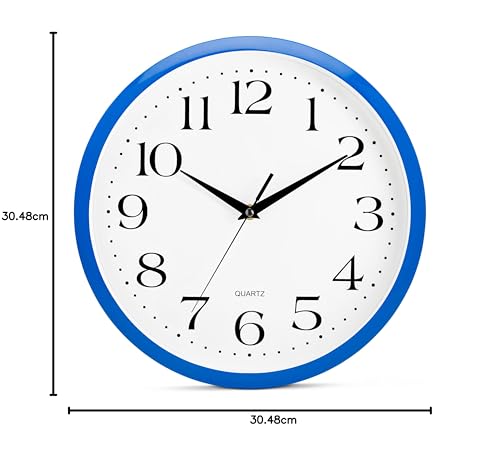 Image of Bernhard Products Blue Wall Clock Silent Non-Ticking 12 Inch Quality Quartz Battery Operated Round Easy to Read Home /Kitchen /Office /Baby Nursery /Boys Bedroom /School Classroom /Children Playroom Clocks