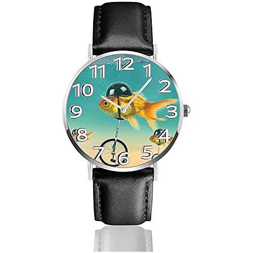 Funny Fish On The Bike Uhren PU Leder Armbanduhr Life Silence Quarzuhr mit silbernem Edelstahl
