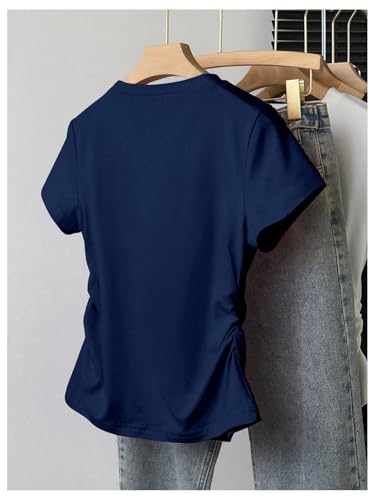 SHENHE Girl's Cute Bow Shirt Graphic Crew Neck Ruched Fitted Short Sleeve Crop Tee Top2