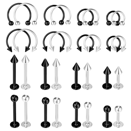 Heclia 32Pcs Lip Rings for Women 16G Stainless Steel Horseshoe Labret Studs Monroe Lip Barbell Ring Snake Bite Piercing Jewelry Helix Earring Daith Tragus Cartilage Surgical Steel Medusa Jewelry C