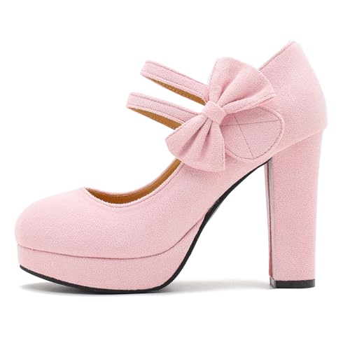 Image of MAIERNISI JESSI Women's Platform Mary Jane Pumps with Bow, 3.94 Inch Block Heel Dress Shoes