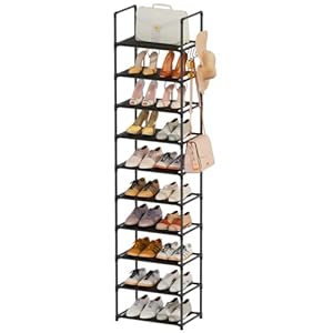 Shoe Rack, 10 Tier Tall Shoe Storage Organizer for Closet Entryway, 20-24 Pairs Narrow Metal Shoe Stand Shelf Holder Space Saving（Black）