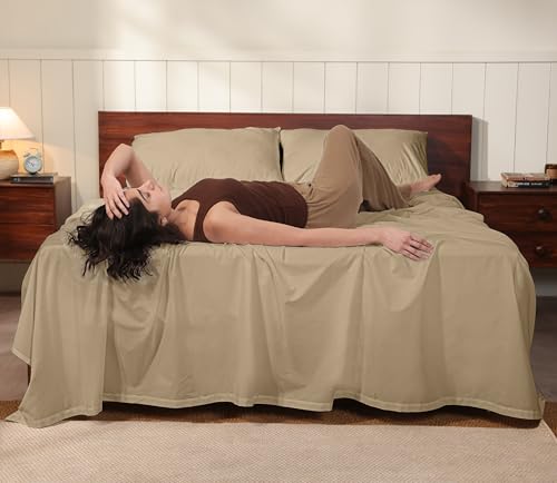Image of RUVANTI 100% Cotton Percale Sheets Twin XL - Crisp Cooling Summer Bed Sheets for Hot Sleepers, Deep Pocket 14 inch, Soft Peach Finish, Breathable & Durable Hotel-Style 3 Piece Set, Olive Taupe