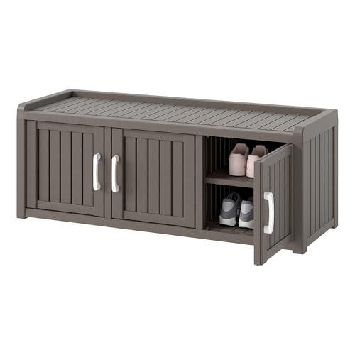 KAMABOKO Shoe Storage Cabinet Waterproof UV-Resistant, Entryway Storage Bench Indoor Outdoor with 3 Barn Doors, Adjustable Shelves for Entryway, Bedroom, Hallway,Living Room(Grey)
