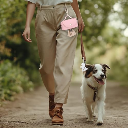 Image of Affrolling 5 Pcs Leather Dog Poop Bag Holder Christmas Include 45 Scented Poop Bags Dispenser Cute for Travel Walking Dog Park and Outdoor Use(Pink)