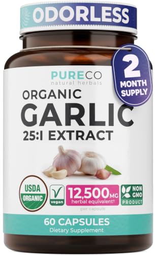 PURE CO USDA Organic Garlic Supplement - High Potency 25:1 Garlic Extract with 12 500mg Herbal Equivalent Strength for Immune & Heart Support - Odorless Vegan & Non-GMO (2 Month Supply)