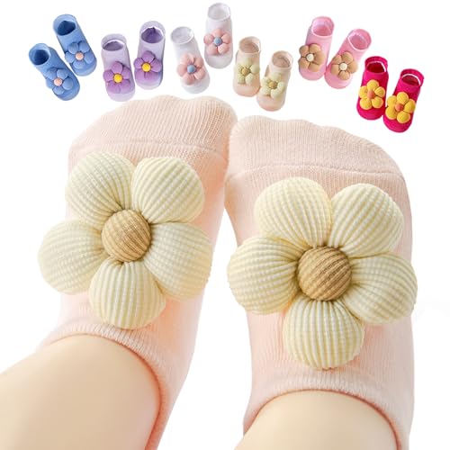 Image of Aroveea Baby Toddler Girl Socks 6 Pairs Non Slip,Newborn Grip Flower Cotton Ankle Cute Socks for Babies Girl 0M-3Years