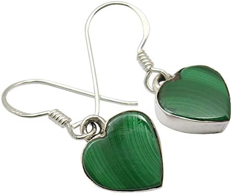 925 Silver Green Heart Cab Malachite Earrings 1.1" Bijoux Second Christmas Day Hot Deals
