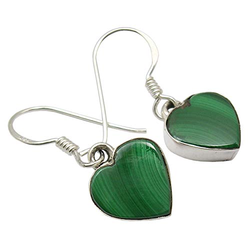 SilverStarJewel925 Pure Silver Genuine Green Heart Cab Malachite Earrings 1.1" Bijoux