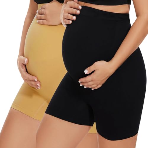 Image of Women's High Waist & Mid-Thigh Cotton Lycra Maternity Shorts|Pregnancy Panty|Maternity Panties Over The Belly for The Pre & Post Pregnancy
