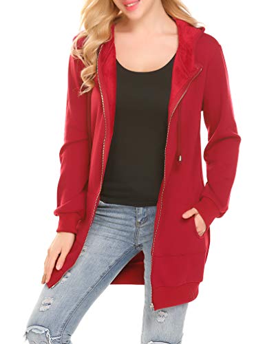 Locryz Women's Casual Zip Up Hoodies Pockets Long Tunic Sweatshirt Fleece Jacket XXL Wine Red