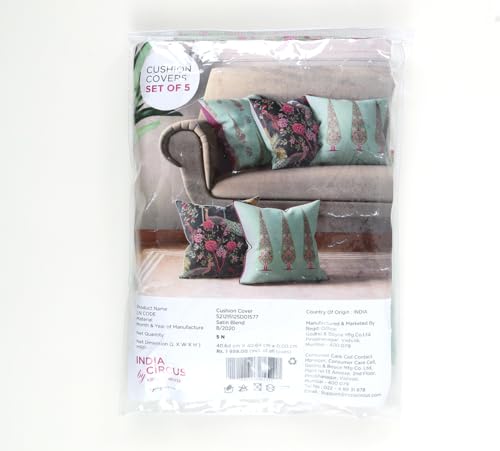 Image of India Circus by Krsnaa Mehta Peacock & Conifer Multicolor Satin Blend Cushion Pillow Covers Set of 5 (16 x 16 Inches), 110 TC