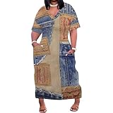 SUZONANA Plus Size Denim Print Shirt Maxi Dresses for Curvy Women Casual Blue Jean Summer Outfits Long Short Sleeve Dress with Pockets Ladies XL