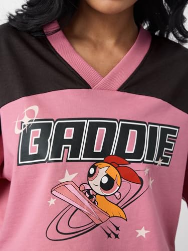 Image of The Souled Store Powerpuff Girls: Baddie Women and Girls Short Sleeves V-Neck Pink Graphic Printed Cotton Lightweight Casual Streetwear Oversized Cropped T-Shirt