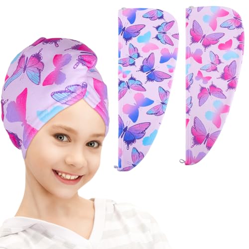 Image of FIOBEE Microfiber Hair Towel Wrap for Kid Girls Rapid Drying Hair Turbans | Absorbent & Soft Hair Wrap Towel, Easy Wear On With Button, For Girls Women Long Curly Hair, Turbie Twist Hair Towels