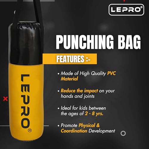 Image of LEPRO Kids Boxing Kit - Hanging Punching Bag Set with Boxing Gloves, Headgear & More for 7-12 Year Olds (Yellow)
