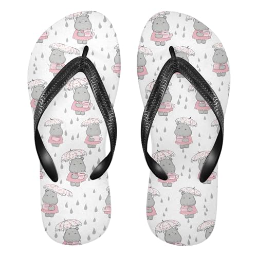 ALAZA Lovely Cartoon Hippopotamus Flip Flops for Women Fashion Beach Slippers Comfort Mens Flip Flops Non-Slip Rubber Shower Slippers Sandal for Hotel Travel Sport,XS