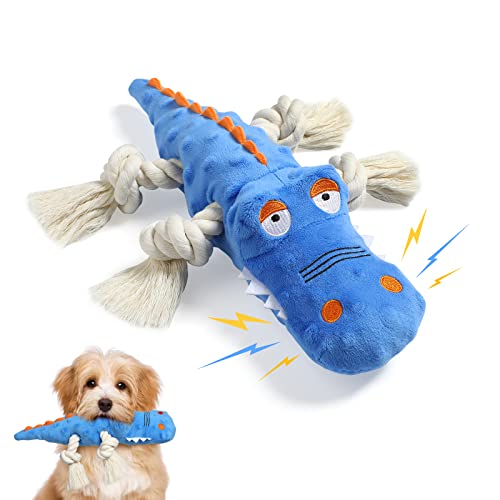 Pawaboo Plush Dog Toys, Durable Dog Chew Toys with Squeaky & Cotton Rope for Teeth Cleaning and Training, Interactive Crocodile Shaped Dog Toy, Soft Stuffed Chew Pet Toy for Puppy Medium Dog, Blue