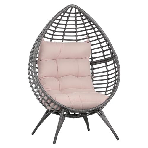 Outsunny Sillón de Ratán Balcón en Forma de Lágrima Sillón de Jardín con Cojín Acolchado de Algodón PP Estilo Moderno para Exterior e Interior Carga 160 kg 101x89x156 cm Gris y Beige