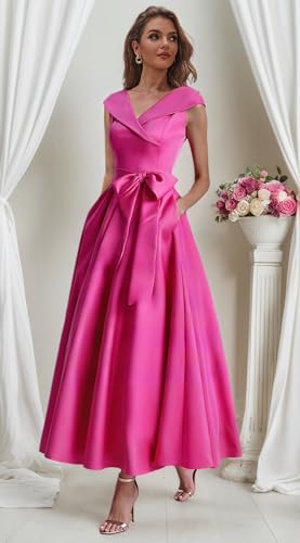 Satin Mother of The Bride Dresses for Women Tea Length Formal Dress with Pockets Cap Sleeve Evening Gown4