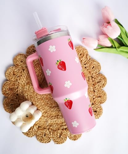 Image of 1200ML Stainless Steel Tumbler Hot and Cold with Handle and Lid and 2 Straws, Double Insulated Cup Leak Proof Mug Cupholder for Gym, Travelling (Pink)