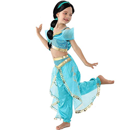 Yosbabe Girls Jasmine Costume Arabian Princess Jasmine Cosplay Costume With Wig Halloween Party Dress Up Costume For Kids thumb #1
