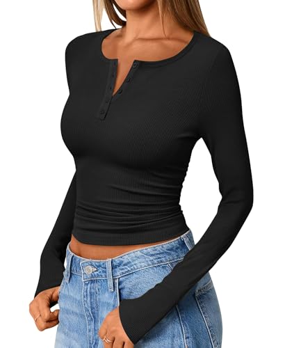 Long Sleeve Knit Tops - Women's Ribbed Henley Shirts V Neck Button Down Blouses Womens Casual Slim Fit Basic Tunic4