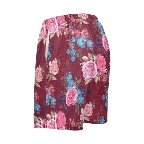 Rose Floral Red Pajama Shorts for Men Lounge Pants Sleep Lounge Pant Mens Casual Pajama Shorts with Pockets, S-XXL-XXL3