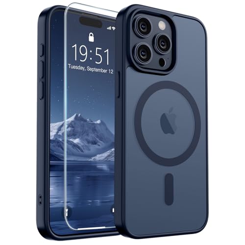 Image of SUPFINE Magnetic for iPhone 15 Pro Case with Screen Protector (Compatible with MagSafe) (Military Grade Drop Protection) Translucent Matte Shockproof Phone Cover,Dark Blue