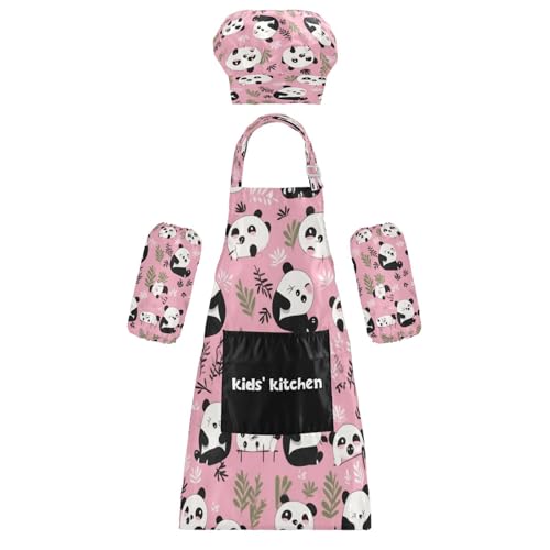 Bulletgxll Pink Panda Kids Apron and Chef Hat Set Adjustable Bib Aprons with Pockets for Cooking Baking Painting