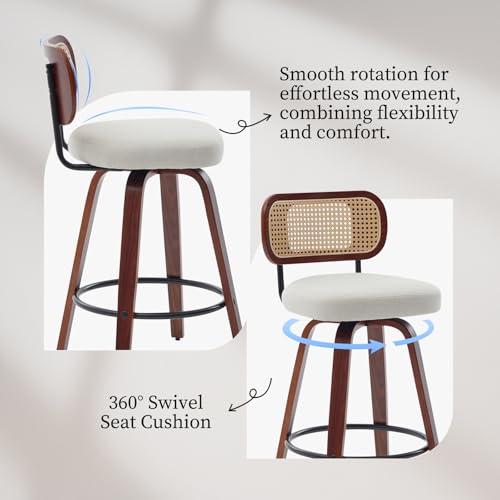 Image of Counter Height Bar Stools Set of 2, 26 inch Swivel Bar Chairs with Curved Rattan Back, Linen Upholstered Seat, Walnut Craftsmanship, Mid Century Modern Counter Stools for Kitchen Counter, Beige