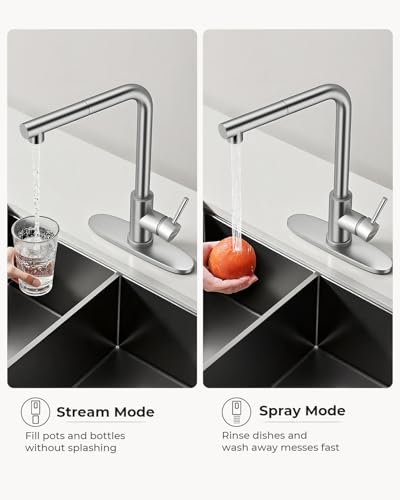 Image of WEWE 14.5-Inch Tall Stainless Steel Kitchen Faucet with Pull Out Sprayer, Brushed Nickel 360 Swivel Sink Faucet with Single Handle for Kitchen /Utility /Laundry /Bar Sink, 1 or 3 Hole