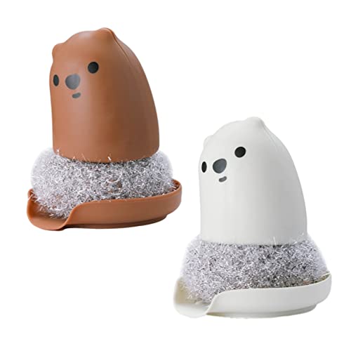 Ipetboom 2Pcs Cartoon Bear Kitchen Cleaning Brushes Adorable Bear Design Pot Scrubbers for Home Kitchen Cleaning Fun Functional Cleaning Tools