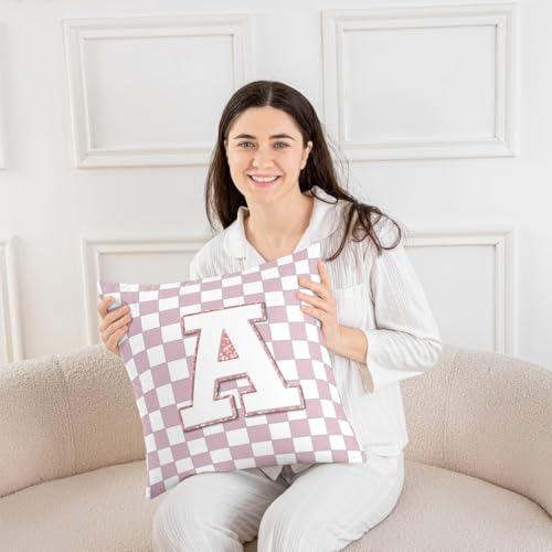 Image of Erosebridal Pink Initial A Throw Pillow Covers 24x24 Set of 2 Kawaii Plaid Checkered Cushion Cover Cute Personalized Monogram Throw Pillow Case for Bed Couch Sofa Fashion Grids Gingham Home Decor