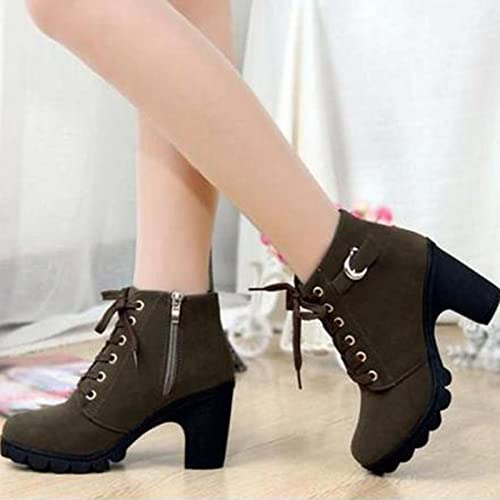 oiangi Boots for Women Chunky Heel Ankle Booties Fashion Round Toe Lace Up Belt Buckle Side Zipper Block High Heel Boots Solid Casual Comfy Ladies Shoes2