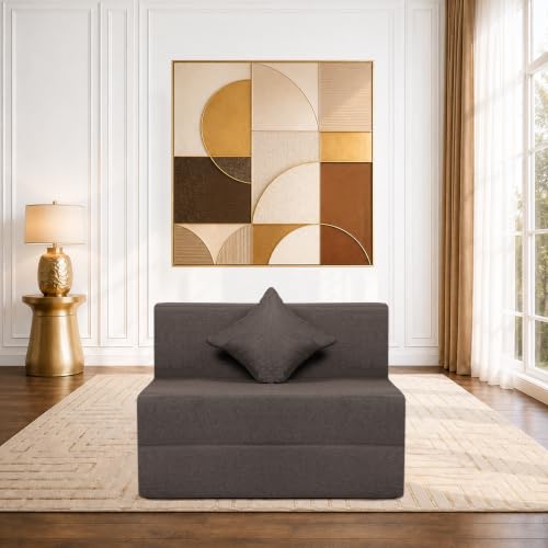 Image of Seventh Heaven Rejioce 1 Seater 6 * 3 Jute Fabric Washable Cover Sofa Cum Bed with 1 Cushion 1 Seater Single Foam Fold Out Sofa Cum Bed (Finish Color - Brown Delivery Condition - Pre-Assembled)