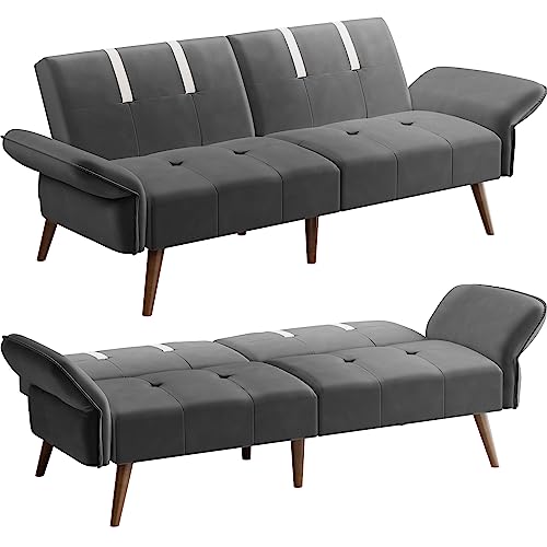 Shintenchi 79" Futon Sofa Bed, Small Modern Loveseat Sofa Velvet 2-Seat Sofa Couch Foldable Couch Convertible Loveseat w/Adjustable Armrests Backrest for Living Room Small Space (Dark Gray)