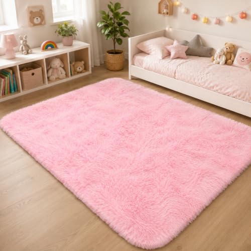 BEIMO 160x230cm Pink Faux Fur Rug Soft Fluffy Non Slip Living Room Carpet