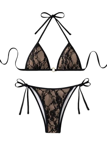 Women's Floral Lace Sexy Bathing Suit Ring Halter Summer Swimsuit Bikini Set