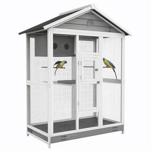 Pawhut Grande Cage Oiseau volière à Oiseaux intérieur Exterieur, 4 perchoirs bac à litière Coulissant 2 Portes pour canaris et perruches Gris