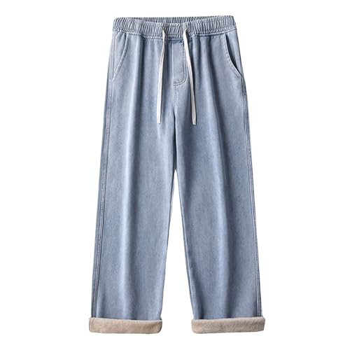 Baggy Jeans for Men Vintage Elastic Waist Loose Fit Straight Leg Wide Leg Fleece Thickened Lined Casual Outdoor Denim Pants3