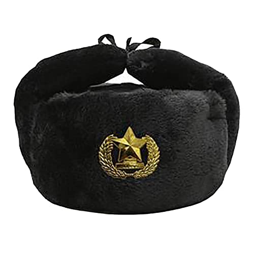 59cm Black Faux Fur Russian Hat with Detachable Soviet Badge Birthday (G) (i)